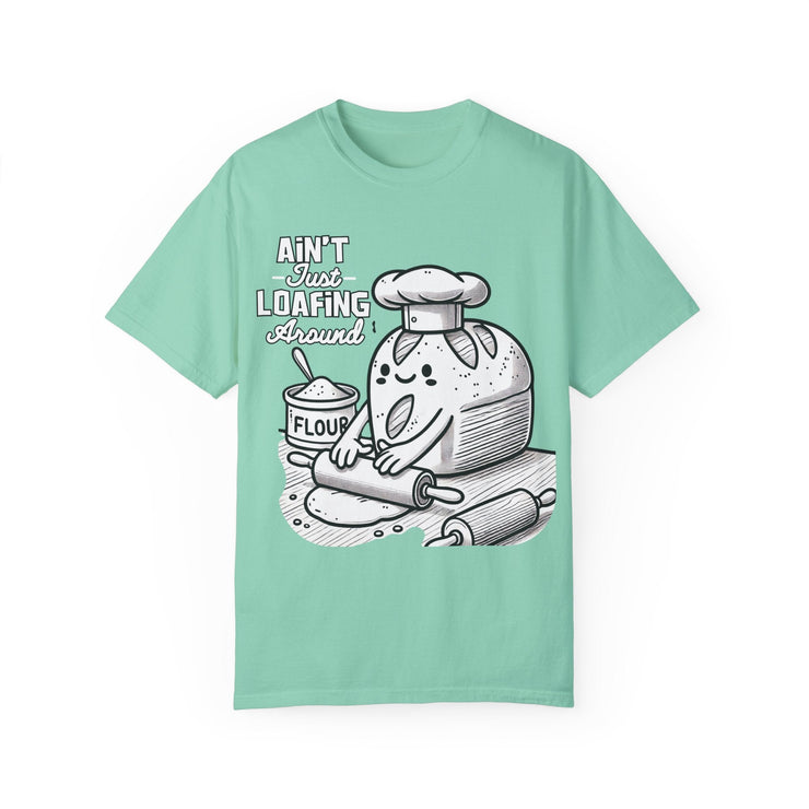 Mint green t-shirt with bread-themed illustration and "Ain&