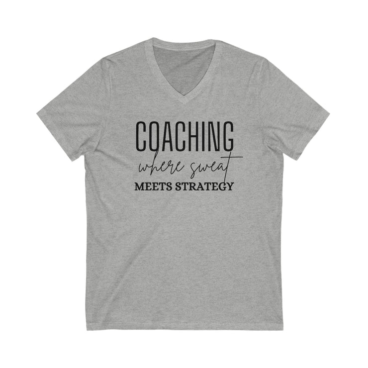 Unisex jersey V-neck tee with "Coaching Where Sweat Meets Strategy" text, gray color.