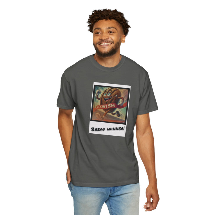 Unisex garment-dyed Bread Winner T-Shirt with vintage design on model, 100% US cotton, available in 58 colors.
