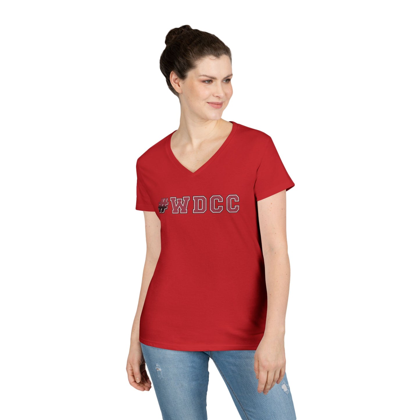 Stylish V-Neck T-Shirt with #WDCC Design, Casual Wear, Gift for Friends, Trendy Outfit, Everyday Style, Summer Fashion